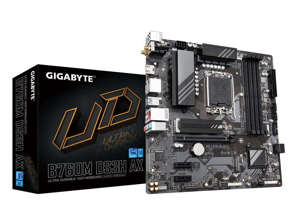 GIGABYTE B760M DS3H AX LGA 1700 Intel B760 M-ATX Motherboard with DDR5, 2* M.2, PCIe 4.0, USB 3.2 Gen 2 Type-C, WiFi 6E