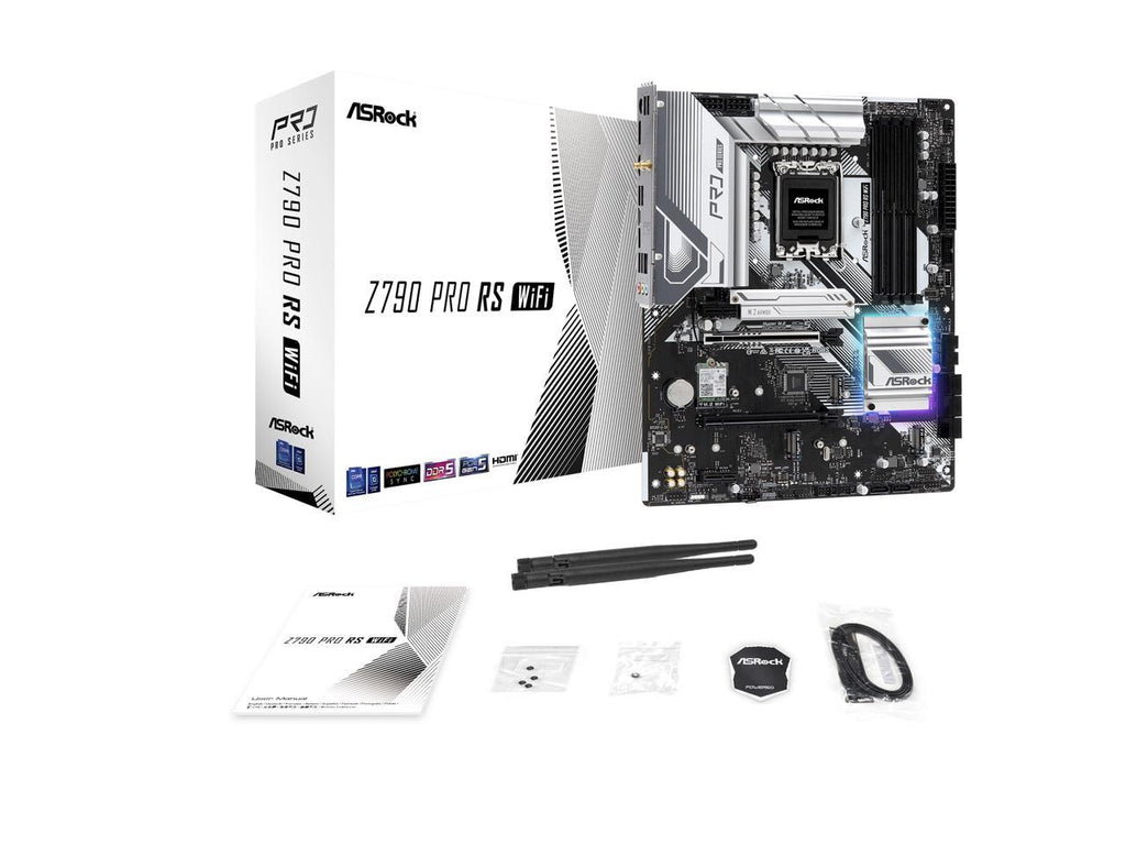 ASRock PRO Z790 PRO RS WiFi Intel LGA1700 ATX Motherboard, 4 DDR5 Slots, PCIE 5.0 x16, Realtek ALC897 7.1 CH, Dragon 2.5G LAN, WiFi 6E + Bluetooth, 8 SATA3, 4 Hyper M.2 (PCIe Gen4x4)