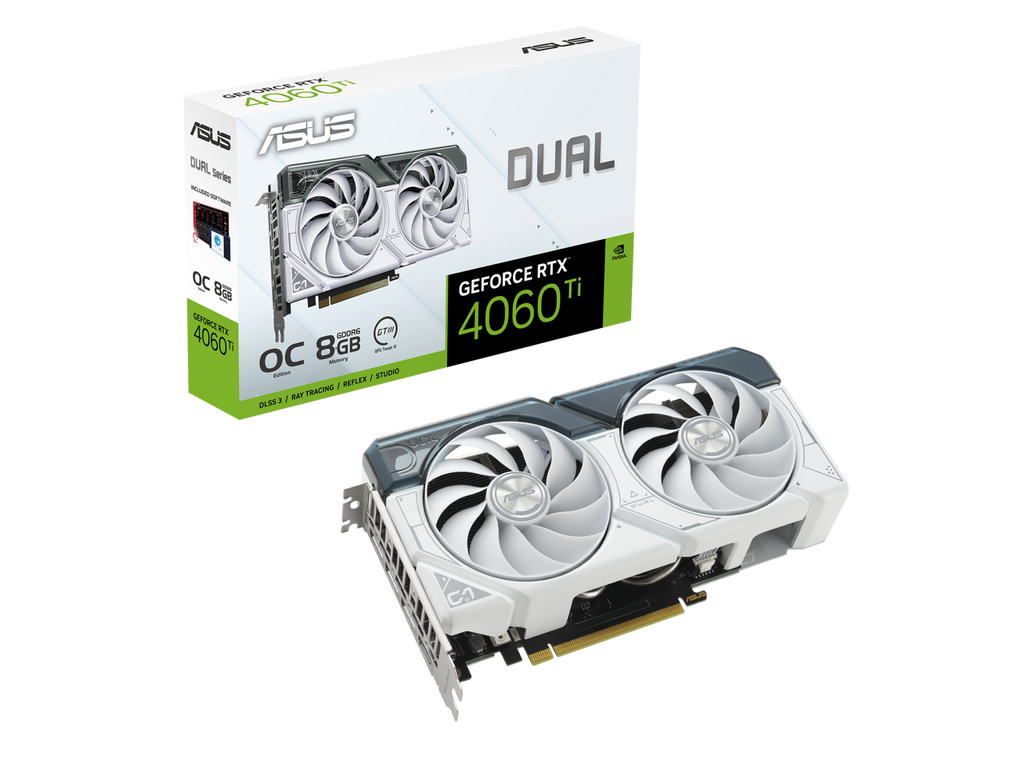 ASUS Dual GeForce RTX 4060 Ti White OC Edition 8GB GDDR6 (PCIe 4.0, 8GB GDDR6, DLSS 3, HDMI 2.1, DisplayPort 1.4a, Axial-tech fan design, 0dB technology)