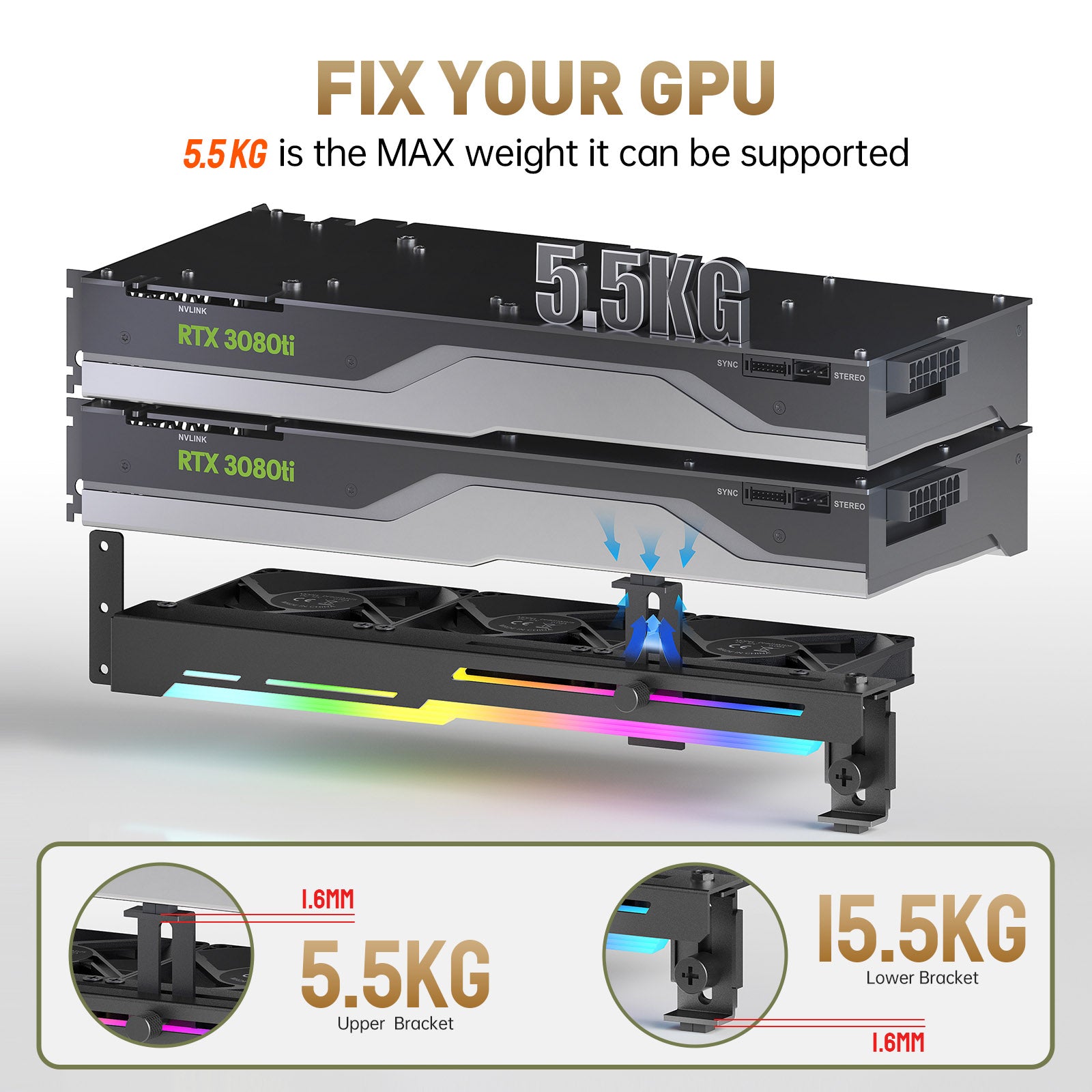 AsiaHorse Graphics Card Cooler with ARGB 5V 3Pin LED and Three 80mm Fans, RGB LED Graphics Card Holder, GPU Cooler Easy Installation-Black AsiaHorse Graphics Card Cooler with ARGB 5V 3Pin LED and Three 80mm Fans, RGB LED Graphics Card Holder, GPU Cooler Easy Installation-Black