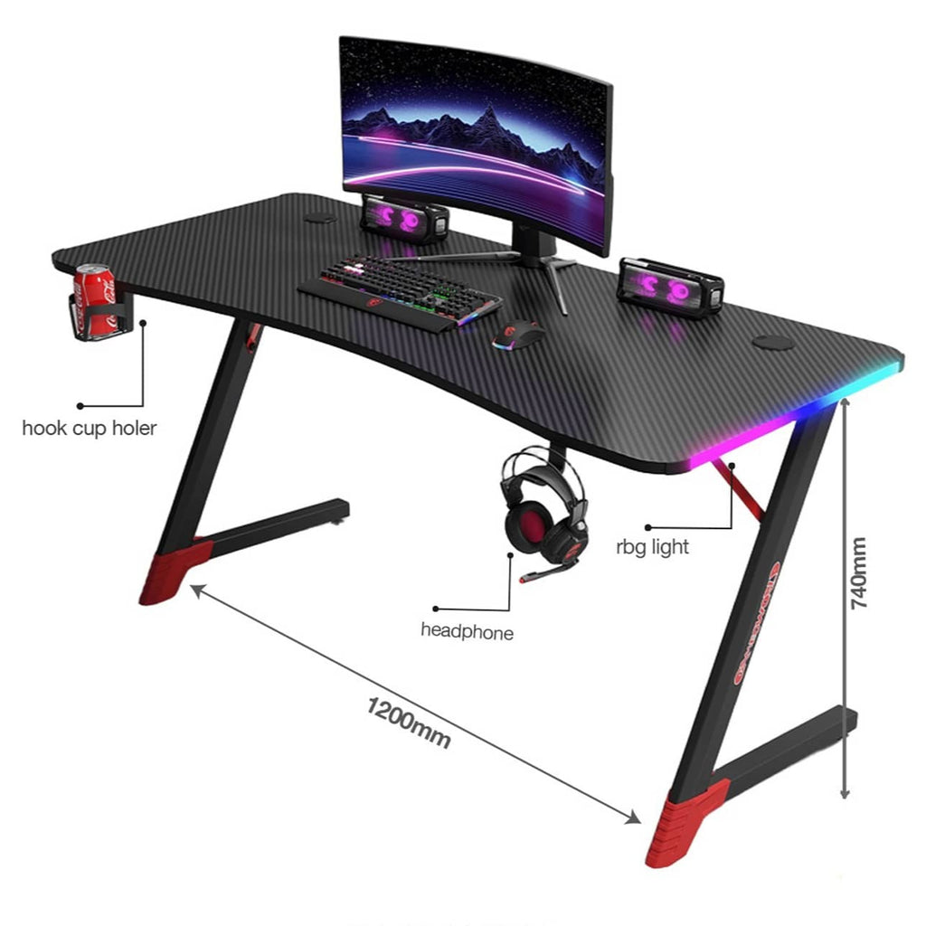 Z-Shaped Gaming Desk with RGB Lights | 120cm Gaming Table with Headphone & Cup Holder "CS-LDSK11" - Black