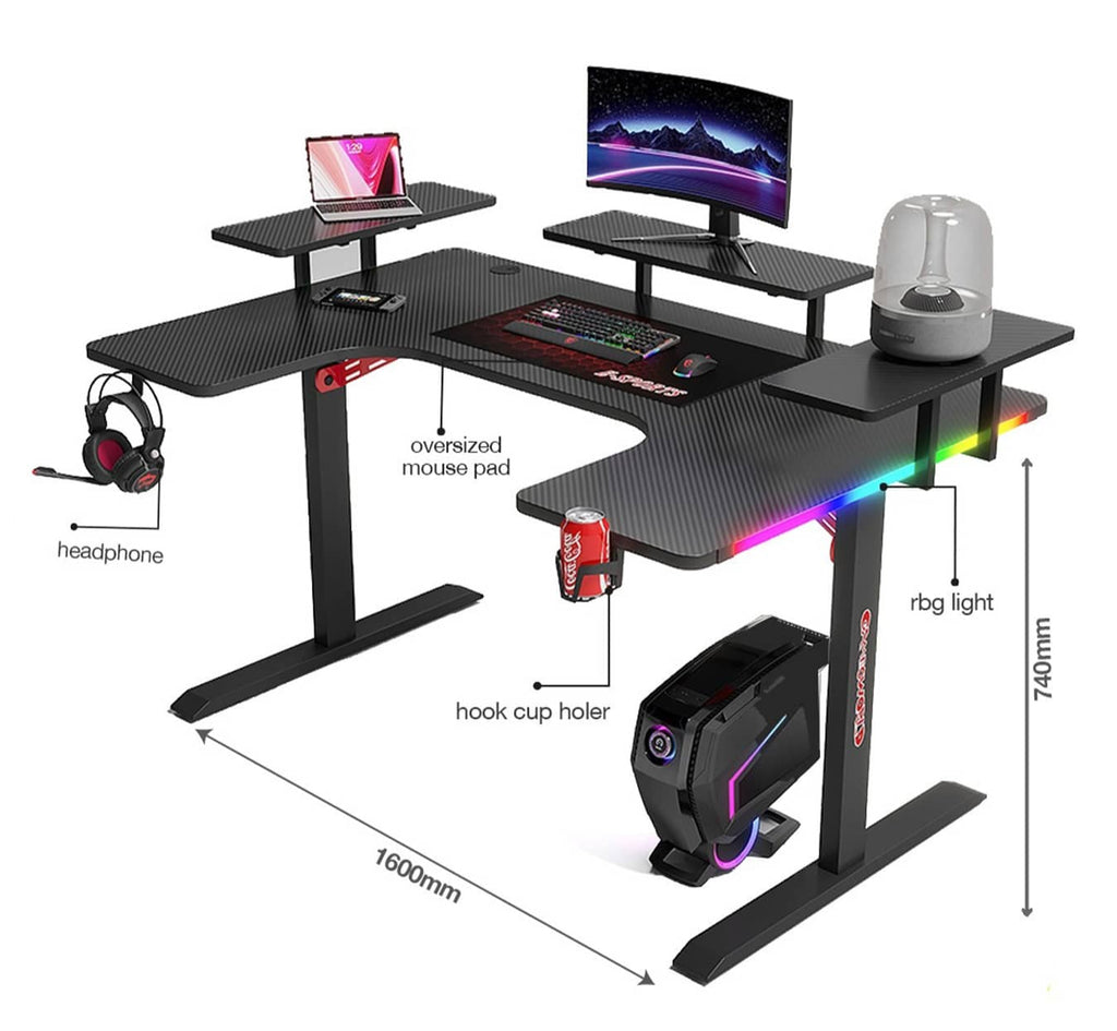Racing-Inspired RGB Gaming Desk | 160cm Gaming Workstation with Multi-Level Shelves "CS-LUDSK12"