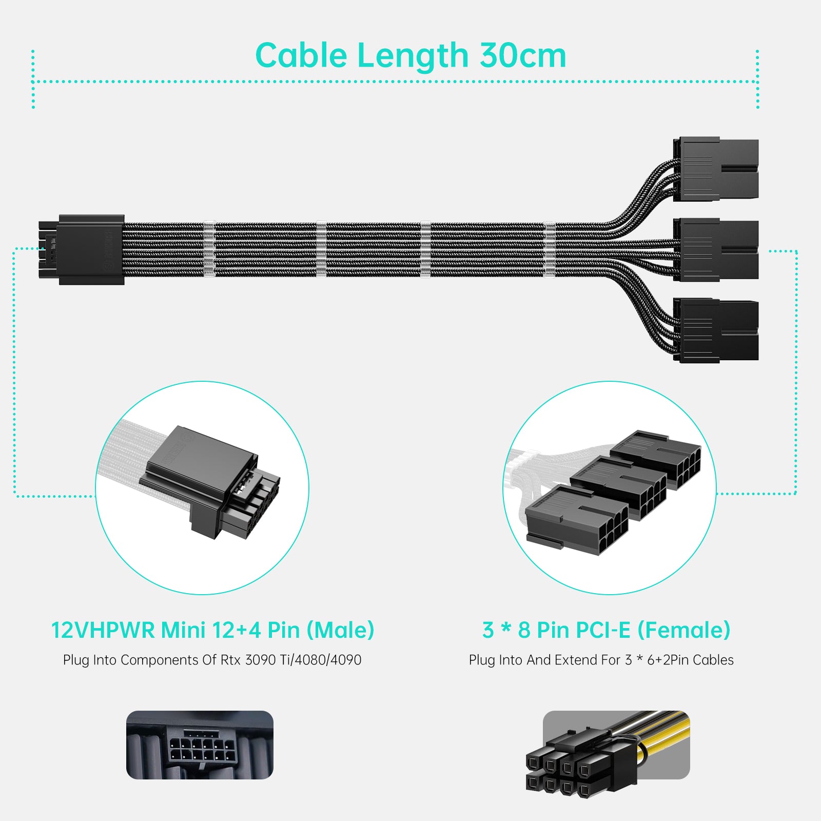 AsiaHorse 16AWG PCI-e 5.0 12VHPWR PSU Cable Extension, 600W 12+4 Pin Male to PCIE 3x8 Pin(6+2) Female PC Cable Extension AsiaHorse 16AWG PCI-e 5.0 12VHPWR PSU Cable Extension, 600W 12+4 Pin Male to PCIE 3x8 Pin(6+2) Female PC Cable Extension