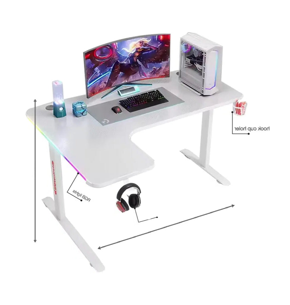Corner L-Shaped Gaming Desk with RGB Lights | 160cm Gaming Workstation | Cup Holder & Headphone Hook"CS-LCDSK09" - White