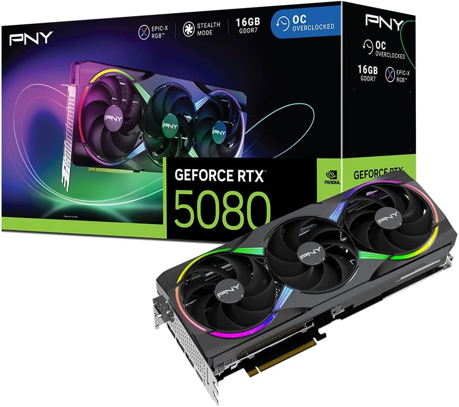 PNY Nvidia GeForce RTX 5080 16GB ARGB Overclocked Triple Fan 16 GB GDDR7 DLSS 4 Graphics Card