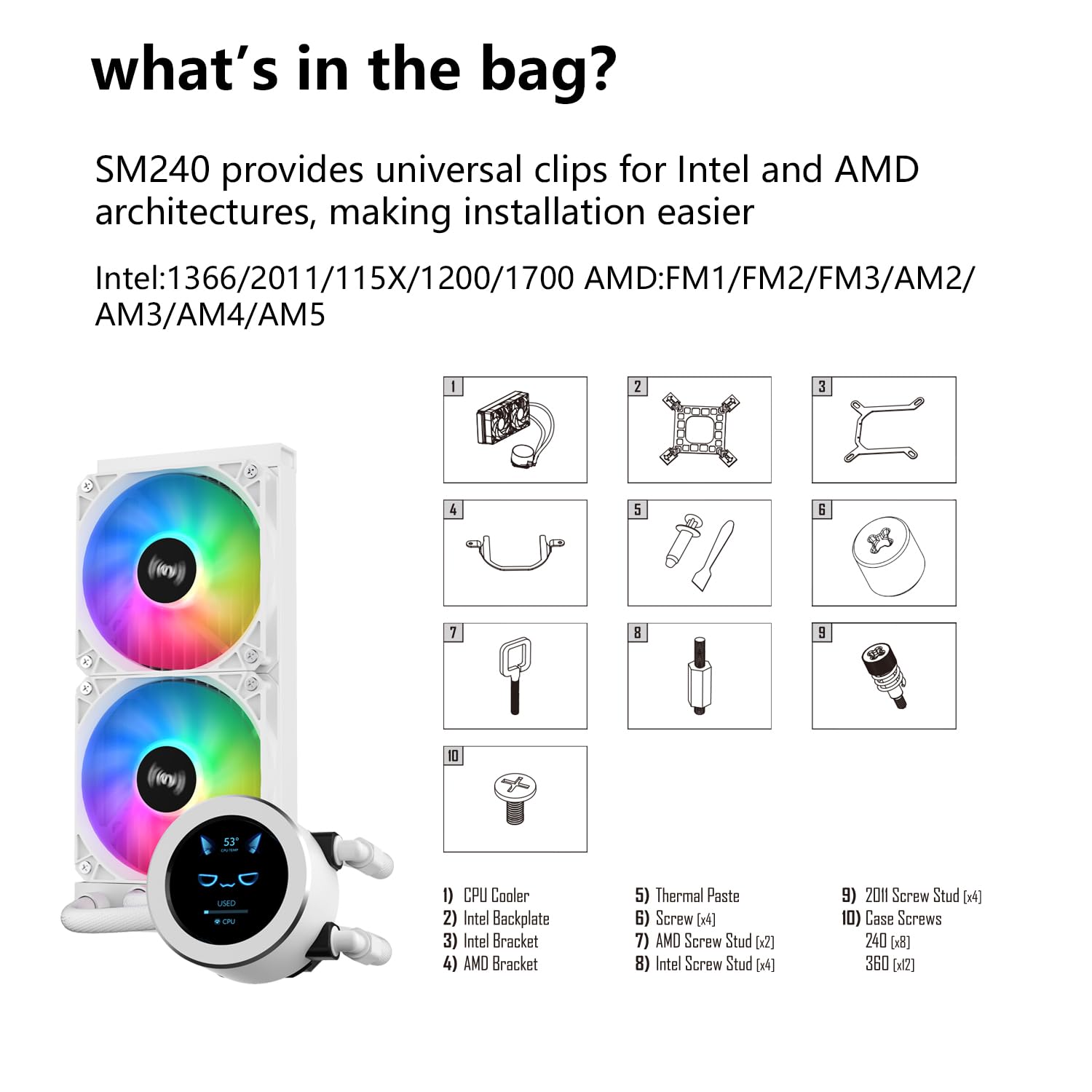 SAMA SM240 240mm AIO RGB Liquid Cooler LCD Display Screen - White SAMA SM240 240mm AIO RGB Liquid Cooler LCD Display Screen - White