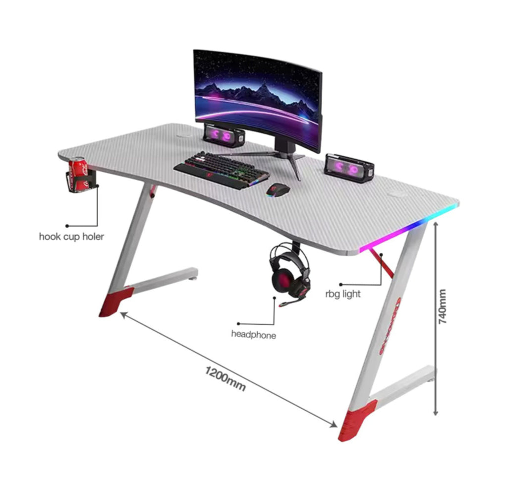Z-Shaped Gaming Desk with RGB Lights | 120cm Gaming Table with Headphone & Cup Holder "CS-LDSK11" - White