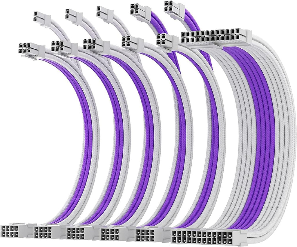 AsiaHorse Power Supply Sleeved Cable, 16 AWG PSU Extension Cable Kit of White Connector, 1x24Pin/2x4+4 EPS/3x6+2 PCI-E, 30cm Length with Combs-Purple White