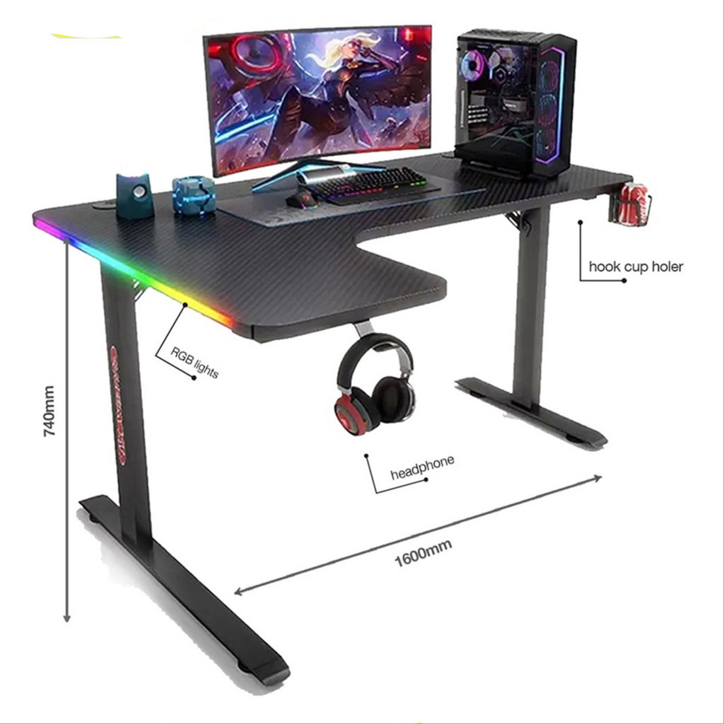 Corner L-Shaped Gaming Desk with RGB Lights | 160cm Gaming Workstation | Cup Holder & Headphone Hook"CS-LCDSK09" - Black