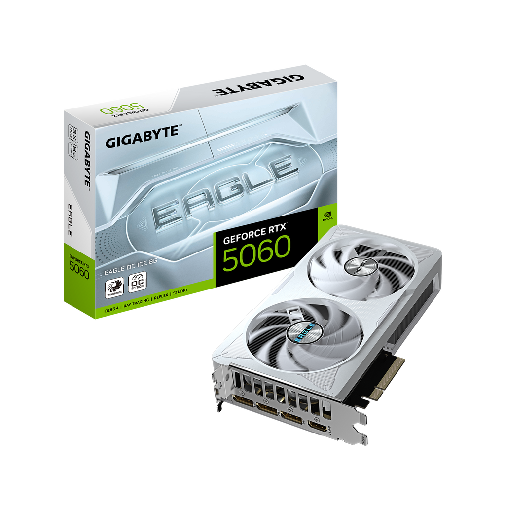 GIGABYTE GeForce RTX 5060 Eagle OC ICE 8GB Graphics Card, GDDR7, PCIe 5.0, WINDFORCE Cooling System - White