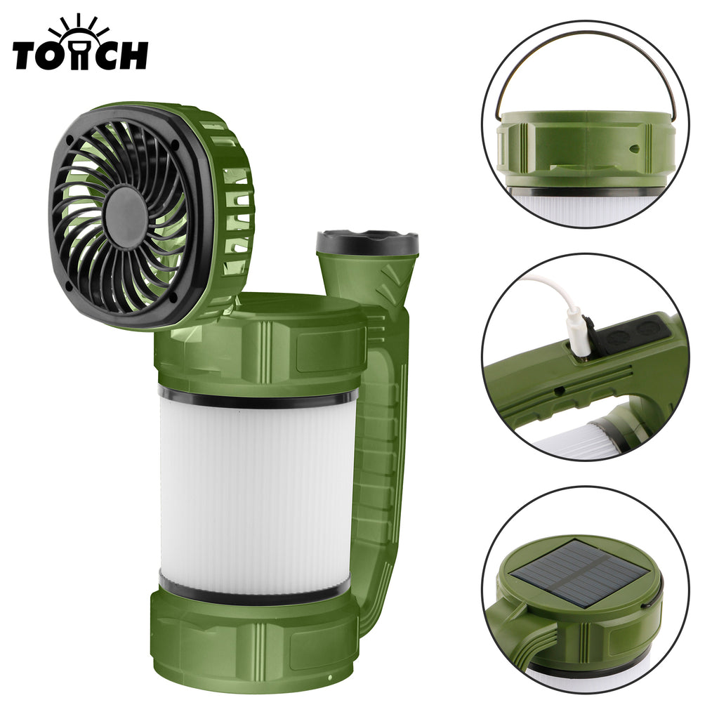 F168 Fan Camping Light with folding hook, USB port, and solar panel