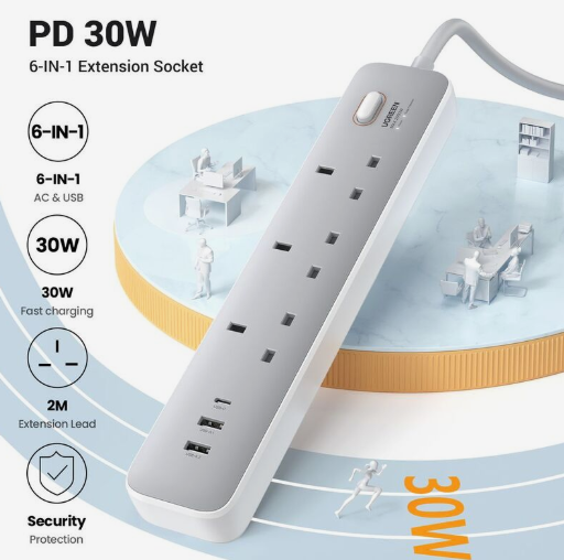 UGREEN 6 in 1 Extension Cord 30W, AC Power Strip, USB-A and USB-C With Master Switch UGREEN 6 in 1 Extension Cord 30W, AC Power Strip, USB-A and USB-C With Master Switch