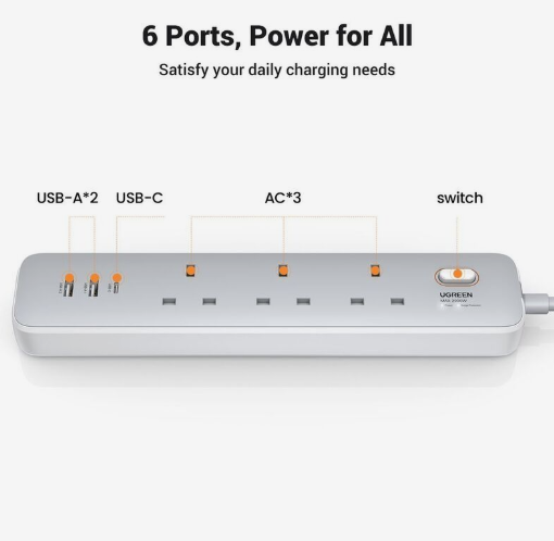 UGREEN 6 in 1 Extension Cord 30W, AC Power Strip, USB-A and USB-C With Master Switch UGREEN 6 in 1 Extension Cord 30W, AC Power Strip, USB-A and USB-C With Master Switch